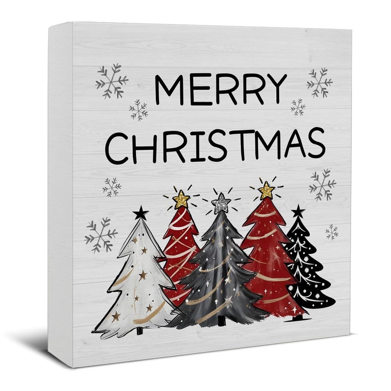 Zauly Farmhouse Christmas Decorations, Merry Christmas Decor Sign, Christmas Trees Snowflake Wood Sign Rustic Home Table Desk Decor (5 x 5 Inches) - Image 1
